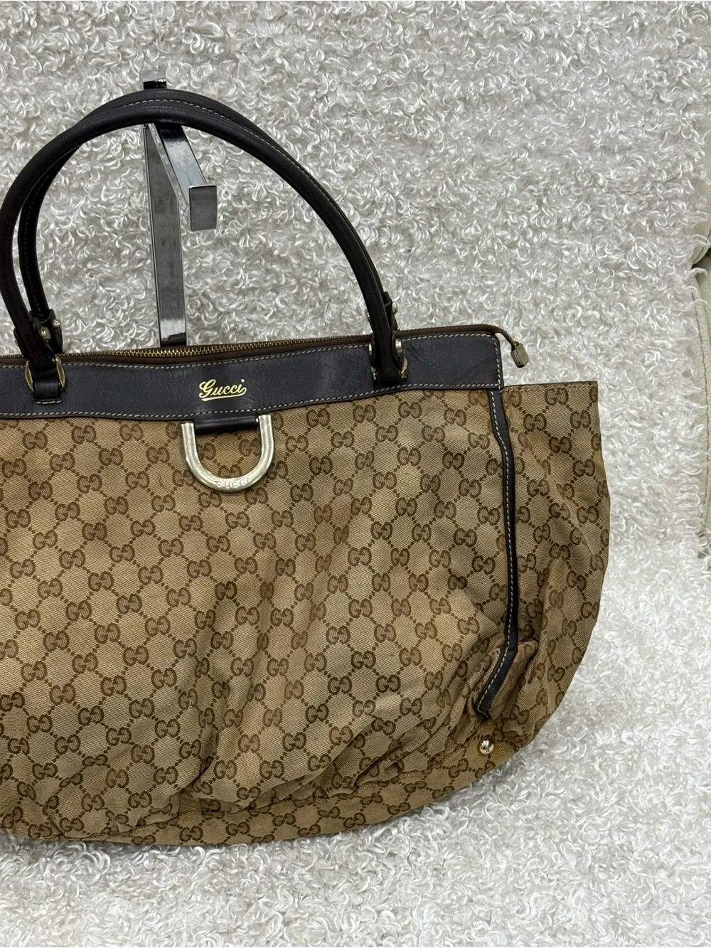 Gucci Abbey Canvas Tote with Brown Leather Trim
